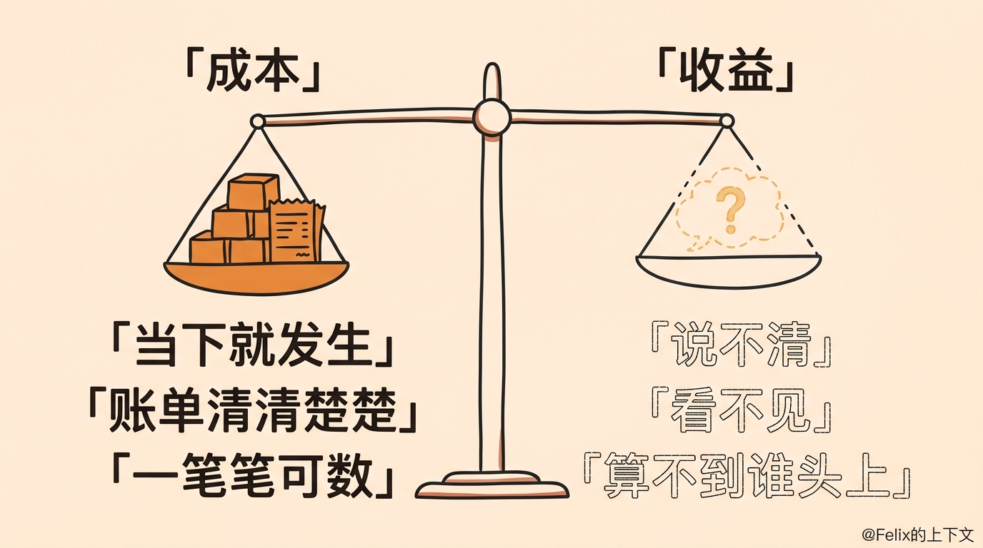 对比图：成本一侧是当下就发生、账单清清楚楚的实块，收益一侧是说不清、看不见、算不到谁头上的虚影